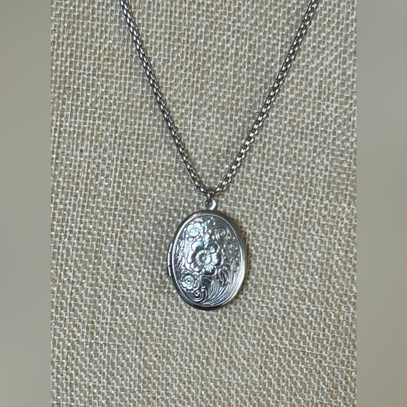 Floral Locket Necklace, Sterling Silver over Stainless Steel - Picture 8 of 9